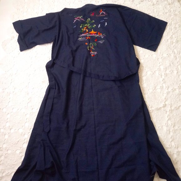 Vintage Other - Vtg 70s Kimono Bath Robe Large Men Embroidred Cotton Blend Long Lounge Tie Waist